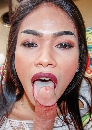 Ladyboy Phatida is wearing a sexy white blouse with panties and stockings. She begins to squeeze her tits together over her blouse and her nipples pop